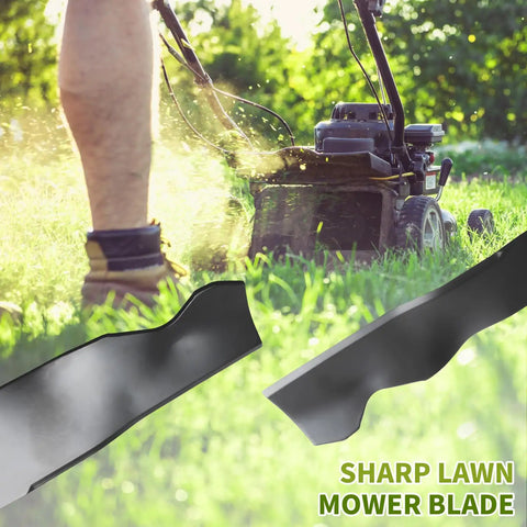 Replacement 2105200317A 21 Inch Mower Blades For Hyper Tough Murray Blackmax Walk Behind Mower, displayed with grass clippings.