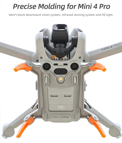 Bottom view of 30cm Height Landing Gear For Mini 4 Pro Drone Lightweight Orange Quick Release Height Extender installed
