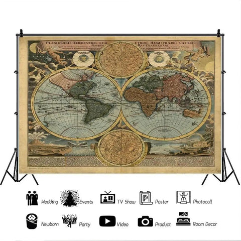 Vintage World Map Backdrop 10x8ft Large Photography Background Antique Parchment Style For Travel Adventure Decor