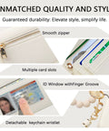 Beige RFID Keychain Wallet Wristlet For Women With Coin Pocket, ID Window, Beaded Key Chain, Multiple Card Slots, Smooth Zipper