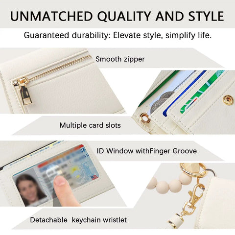 Beige RFID Keychain Wallet Wristlet For Women With Coin Pocket, ID Window, Beaded Key Chain, Multiple Card Slots, Smooth Zipper