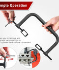 Hands operating Solid Valve Spring Compressor C Clamp Service Kit for easy valve spring removal and replacement in auto engines.
