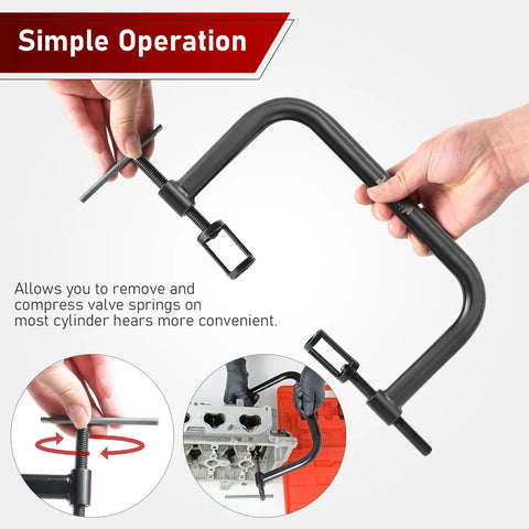 Hands operating Solid Valve Spring Compressor C Clamp Service Kit for easy valve spring removal and replacement in auto engines.