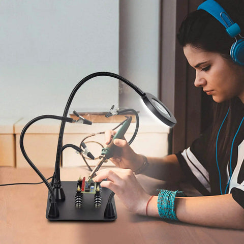 Person using Magnetic Helping Hands With Three LED Magnifying Lamp, Pro Soldering Station, Flexible Gooseneck Arms for electronics repair
