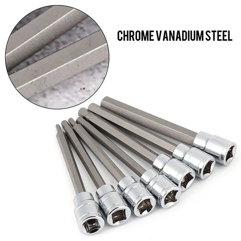 Extra Long Hex Bit Socket Set Seven Piece 3mm To 10mm Drive Repair Tool Kit In Chrome Vanadium Steel lined up with close-up detail.