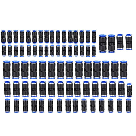 Rock Solid 80 Pcs Pneumatic Tube Connector Kit With PBT Air Hose Fittings And Zinc Alloy Adapters For Push To Connect PE PU PA PVC Nylon Tubing Up To 12mm OD, Perfect For High Pressure Air Line Jobs. 80 black blue pneumatic push-to-connect tube fittings