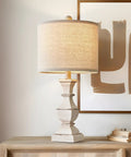Mid Century Table Lamp Set Of 2 With Beige Resin Base And Linen Shades Retro Farmhouse Vibe For Living Room Or Bedroom Nightstand