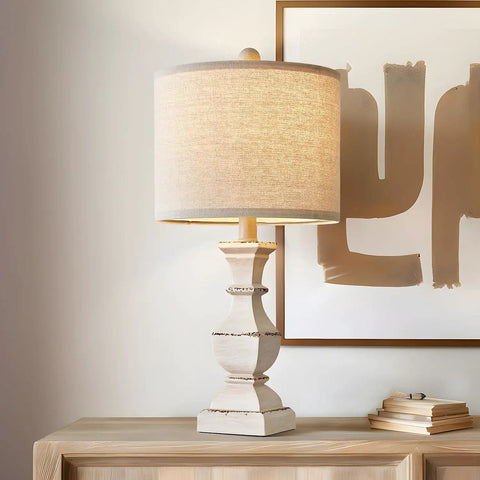 Rustic Farmhouse Table Lamp Set Of 2 In Antique Grey With White Fabric Shade Modern Irregular Geometric Resin Base Cozy Home Vibe For Living Room Or Bedroom Nightstand Lighting Vintage Chic Contemporary Decor Lamps