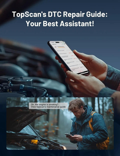 Person using Bluetooth OBD2 Scanner With Bi-Directional Control For iOS And Android near car engine for diagnostic check.