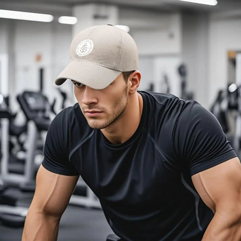 Man wearing No Crying On The Yacht Unisex Adjustable Hat For All Seasons, lightweight baseball style cap, indoor gym setting
