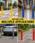 Heavy Duty Blue Safety Bollard Cover 6 Inch Diameter X 46 Inch With High Visibility Reflective Tape Weatherproof Post Sleeve in various settings.
