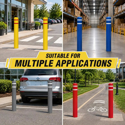 Heavy Duty Blue Safety Bollard Cover 6 Inch Diameter X 46 Inch With High Visibility Reflective Tape Weatherproof Post Sleeve in various settings.