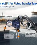 Built Tough 12V Fuel Transfer Pump Pushes Up To 15 GPM with flexible hose on pickup transfer tank for fast refueling.
