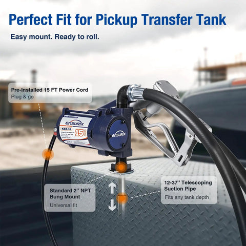 Built Tough 12V Fuel Transfer Pump Pushes Up To 15 GPM with flexible hose on pickup transfer tank for fast refueling.