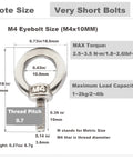 Diagram of Stainless M4 Eyebolt 0.39 Inch Short Eye Bolt With Threaded Ring Locking Nut And Washer Lifting Hook dimensions and specifications
