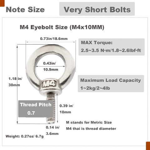 Diagram of Stainless M4 Eyebolt 0.39 Inch Short Eye Bolt With Threaded Ring Locking Nut And Washer Lifting Hook dimensions and specifications