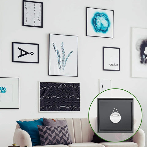 Gallery wall with art displays using 60 Piece Adhesive Plate Hangers No Nail Invisible Sticky Hooks Wall Round And Square Self Adhesive Frame Holders.
