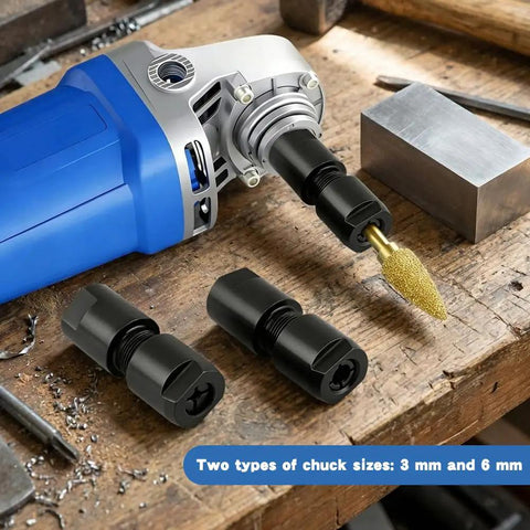 Heavy Duty Grinder Adapter Kit For Angle Or Die Grinders With 5/8-11 Arbor To 1/4 And 1/8 Inch Collets, on wooden table