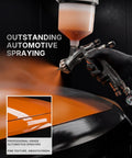 Professional Grade HVLP Spray Gun Kit Featuring Built Tough Stainless Steel Flow Channel And Precision Nozzles For Crisp Atomization Zero Drama And Flawless Auto Finishes showing orange paint application.