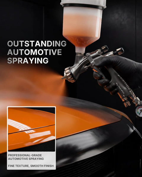 Professional Grade HVLP Spray Gun Kit Featuring Built Tough Stainless Steel Flow Channel And Precision Nozzles For Crisp Atomization Zero Drama And Flawless Auto Finishes showing orange paint application.
