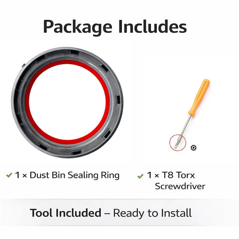 Package includes a Dust Bin Sealing Ring Compatible With V11 And V15 Vacuum Cleaners and a T8 Torx Screwdriver.