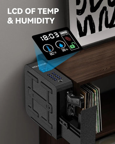 Biometric Gun Safe With Slider Access, Heavy Steel Pistol Lock Box For Nightstand shown mounted with LCD display