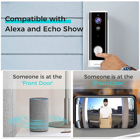 WiFi Video Doorbell Camera With 1080P HD Night Vision and Wide 166 Degree Field of View, app control, works with Alexa