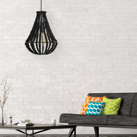 Dope Boho Wood Bead Chandelier Pendant Light 1 Light Black Farmhouse Ceiling Fixture 16.5 Inch Hanging Light in living room