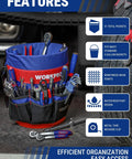 Bucket Tool Organizer With 51 Pockets Fits Three Point Five To Five Gallon Buckets Waterproof Tear Proof 600D Polyester Lightweight Tool Carry Bag For Quick And Easy Access To Your Gear shown in use with tools displayed in pockets.