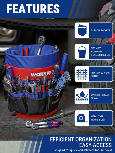 Bucket Tool Organizer With 51 Pockets Fits Three Point Five To Five Gallon Buckets Waterproof Tear Proof 600D Polyester Lightweight Tool Carry Bag For Quick And Easy Access To Your Gear shown in use with tools displayed in pockets.