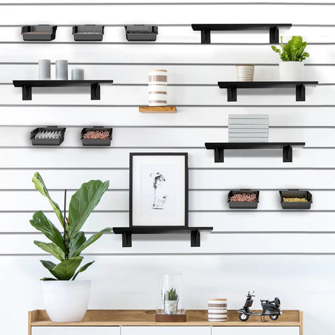 Garage wall with 12 Pack Slatwall Bins With Hooks Set Plastic Slatwall Organizer Bins And Metal Slatwall Hooks installed.