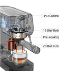 20 Bar Espresso Machine With Professional 10mm Milk Frother Steam Wand Stainless Steel Coffee Maker showing PID system and pump