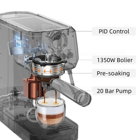 20 Bar Espresso Machine With Professional 10mm Milk Frother Steam Wand Stainless Steel Coffee Maker showing PID system and pump
