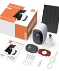 Packaging and components of Solar Powered Outdoor Security Camera With 2.5K Color Night Vision, AI Vehicle/People/Pets Detection.
