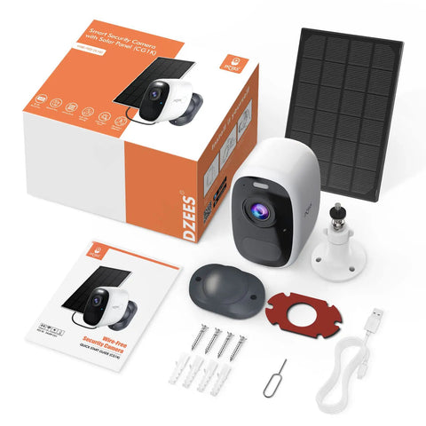 Packaging and components of Solar Powered Outdoor Security Camera With 2.5K Color Night Vision, AI Vehicle/People/Pets Detection.