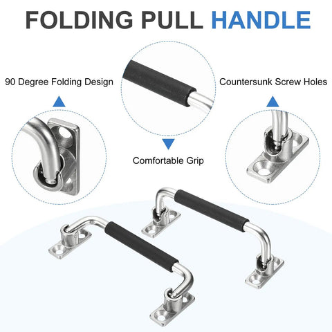Two Pack 304 Stainless Steel Folding Pull Handles With Rubber Grip, 90 Degree Toolbox Cabinet Hardware, Bright Polished Finish, Durable Pull Latches For Equipment, Boxes, And Distribution Panels With 4.72 Inch Hole Spacing. 304 stainless steel folding pull handles with rubber grip, shown folded and open