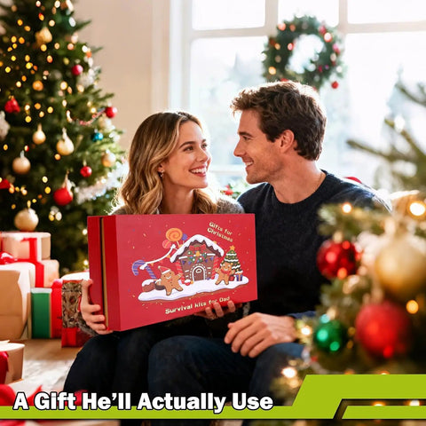 Couple holding 17 In 1 Survival Kit For Men And Outdoor Adventurers gift box in front of Christmas tree.
