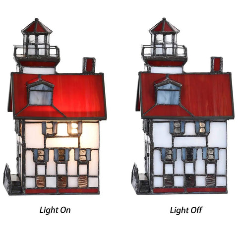 Lorain Lighthouse Tiffany Style Stained Glass Accent Table Lamp Night Light For Home Decor, Red Glass Glow With Warm White Finish
