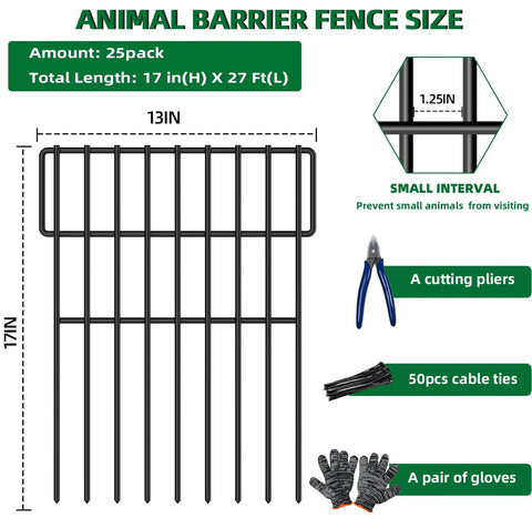 Easy No Dig Dog Fence 25 Panels Garden Barrier 17 Inch High By 27 Foot Long 1.25 Inch Gap Rustproof Metal Decorative Fence