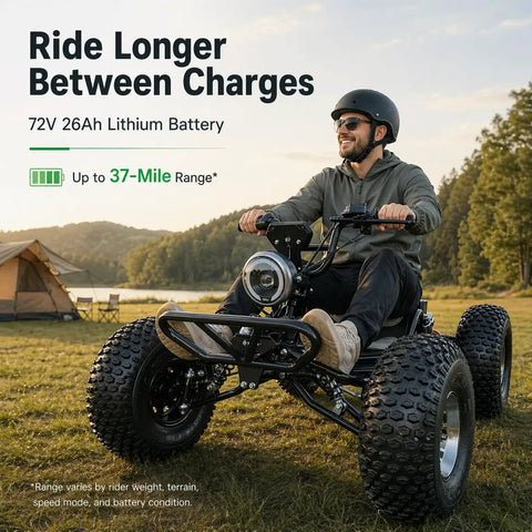 Person riding Electric Off Road Go Kart With 72V 3000W Motor Peak 10.8kW Power in field, tent in background