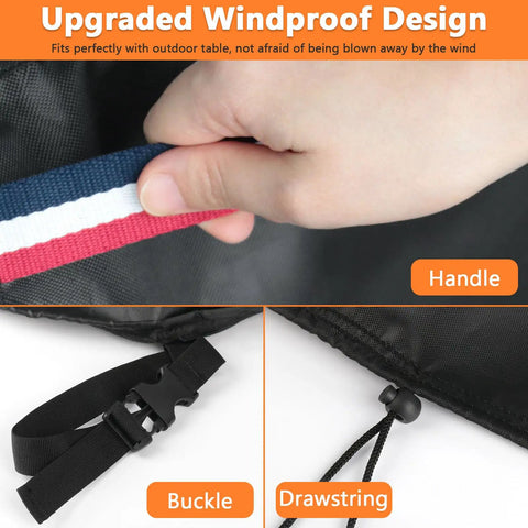 Built Tough Heavy Duty Waterproof Square Table Cover 38 by 38 Inches showing handle, buckle, and drawstring features.