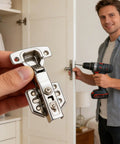 Stainless Steel Soft Close Cabinet Hinges For Kitchen And Home, Slow Closing Overlay Hinges being installed, man holding drill