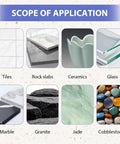 Scope of application for diamond hole saw set including tiles, rock slabs, ceramics, glass, marble, granite, jade, and cobblestones.