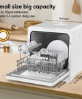 Compact Countertop Dishwasher With Six Place Settings Ten Preprogrammed Cycles And Baby Care Mode Hot Air Drying built for tight spaces showing size and capacity.