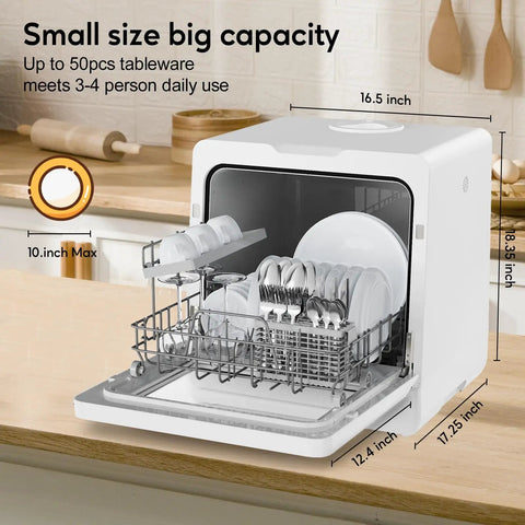 Compact Countertop Dishwasher With Six Place Settings Ten Preprogrammed Cycles And Baby Care Mode Hot Air Drying built for tight spaces showing size and capacity.