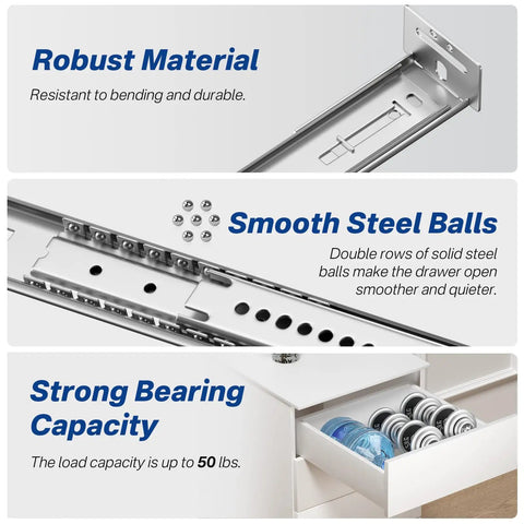 16 Inch Center Mount Drawer Slides 4 Pack Heavy Duty Hidden Rails, steel ball bearings and 50 lb load rating shown