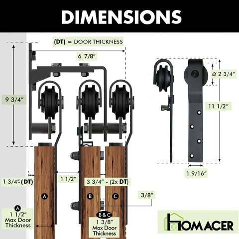 Dimensions of Triple Track Bypass Sliding Barn Door Hardware Kit For Interior Doors, Three 9 Foot Flat Tracks shown.