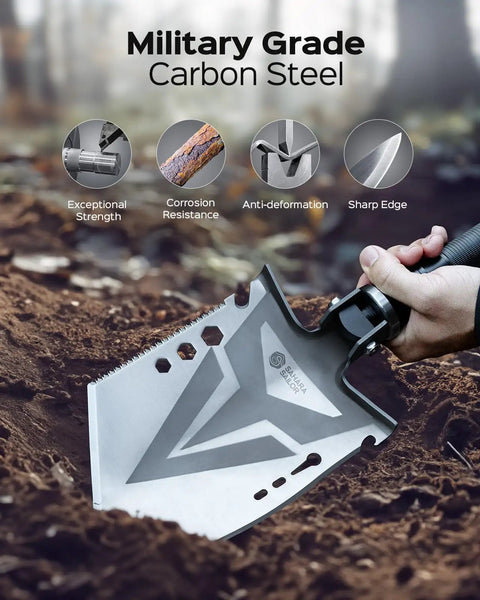 Carbon steel blade of Folding Camping Shovel Axe Kit Military Grade Survival Tool Set With Paracord Dual Color Flashlight