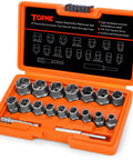 18 Piece Bolt Extractor Kit With Three Eighths Inch Drive For Damaged Bolts Nuts And Screws Includes Hex Adapters in orange case
