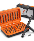 Magnetic Ratchet Screwdriver Set With Flexible Shaft And 42-In-1 Precision Bits in orange case with ergonomic handle